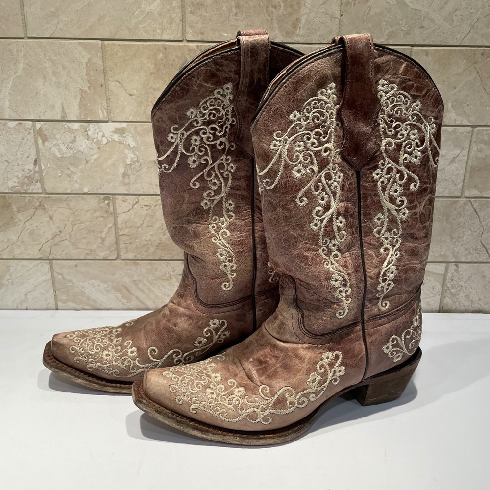 Corral Teens Brown Embroidered Floral Leather Western Cowboy Boots Size 4
